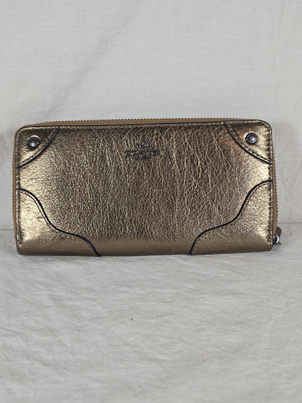 Coach 52362 Rivets Accordion Zip Around Wallet Metallic Bronze Gold Leather